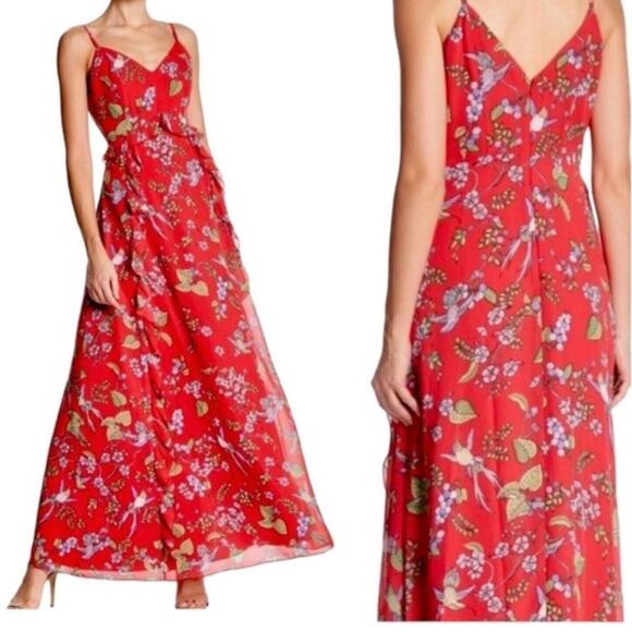 Nanette Lepore Sleeveless Maxi Dress Sz 6 Red Chiffon Floral Hummingbird Print - Picture 15 of 15